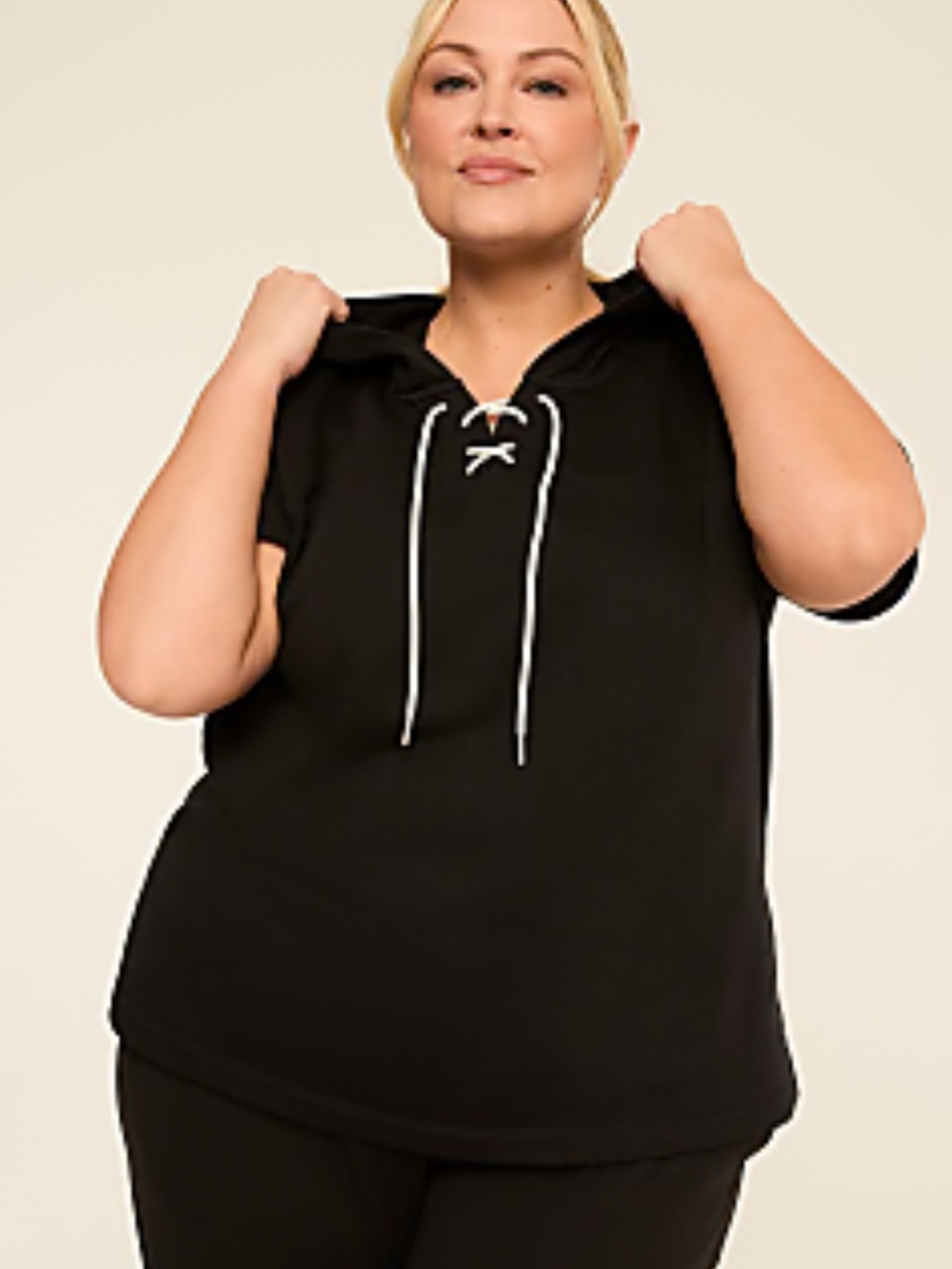 Lane Bryant Black Lace-Up Hoodie Top with White Drawstring